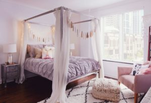 lilac-gray-serenity-grey-rose-quartz-pantone-2016-color-trend-pastel-pink-rose-lavender-bohemian-bedroom-4-post-bed-curtains-feather-decor-bohemian-condo-girly-feminine-bedroom-shop-room-ideas-1